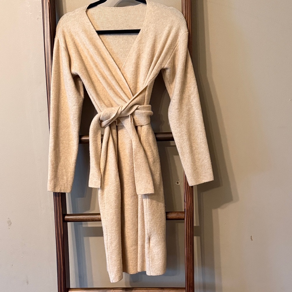 SHEIN Cream Long Sleeve Wrap Dress
